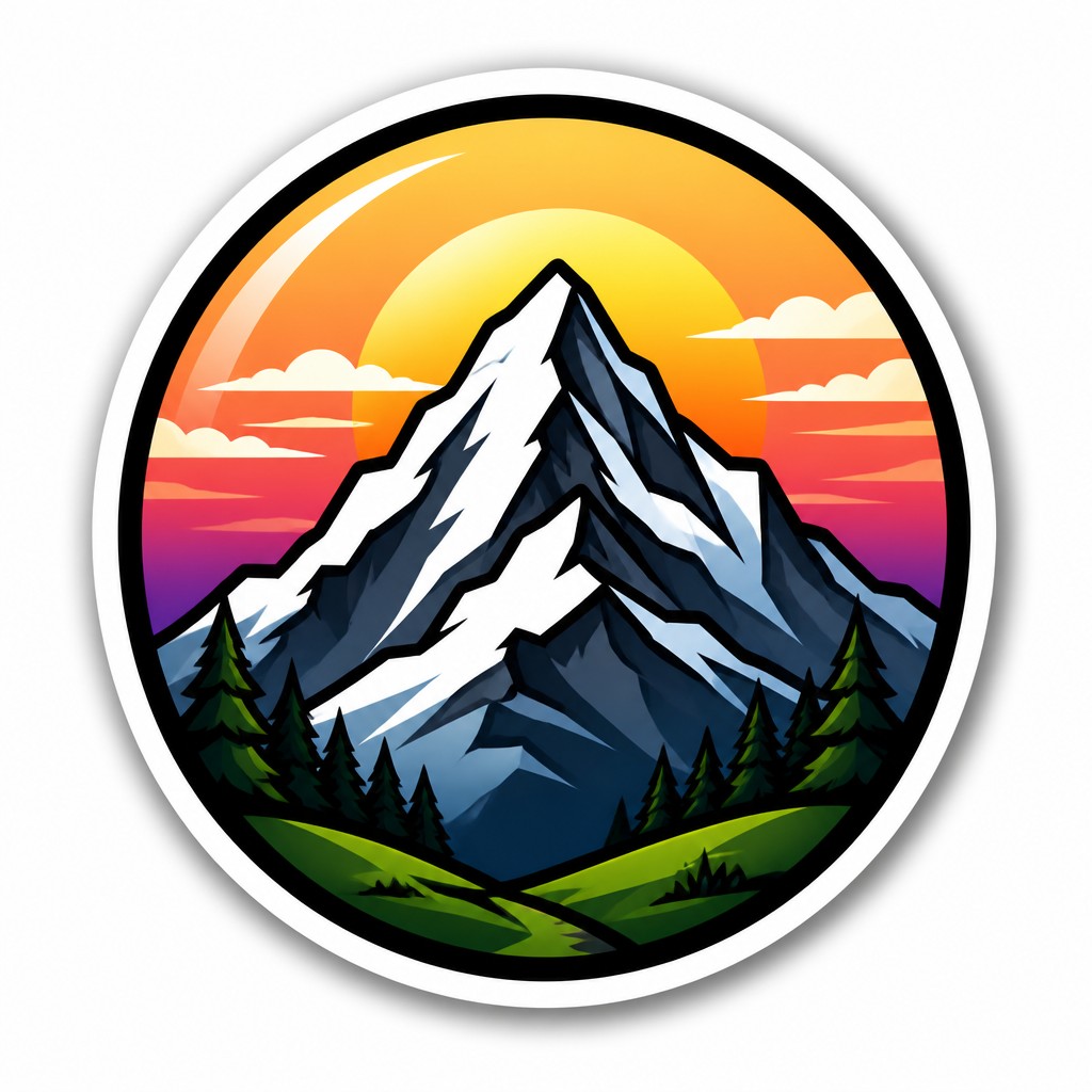 an emblem of a mountain peak inside a circle, simple bold shapes on a plain background, no text or lettering
