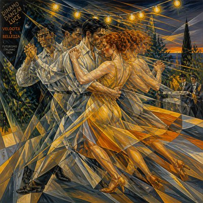 an original couple dancing under string lights in a garden at dusk: a man with short black hair in a linen shirt and a woman with braided red hair in a summer dress