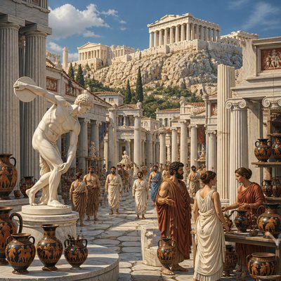 urban street with city activity — Athens Art Style