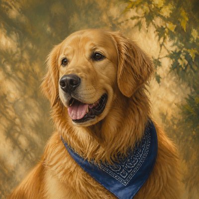 portrait of a golden retriever wearing a blue bandana, warm plain backdrop, no text