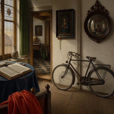 bicyle resting against a wall