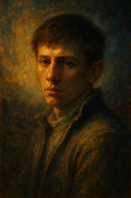 a painting of a man in a green shirt