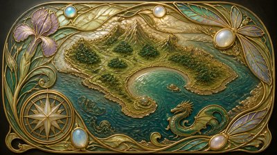 a map of an island realm with mountains, forests, a sheltered bay, sea monsters in the water and a compass rose, no text labels