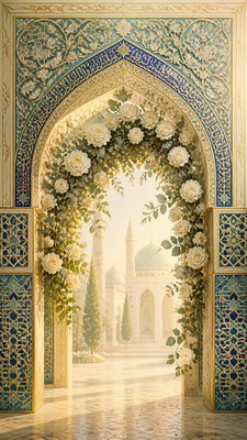an arch of white roses and eucalyptus in soft morning light, elegant vertical composition with open space, no text