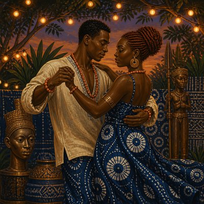 an original couple dancing under string lights in a garden at dusk: a man with short black hair in a linen shirt and a woman with braided red hair in a summer dress