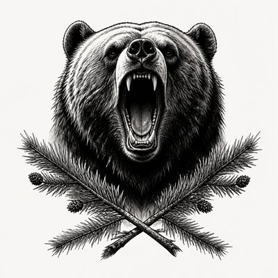 a roaring bear head above crossed pine branches, bold graphic composition on a plain background, no text