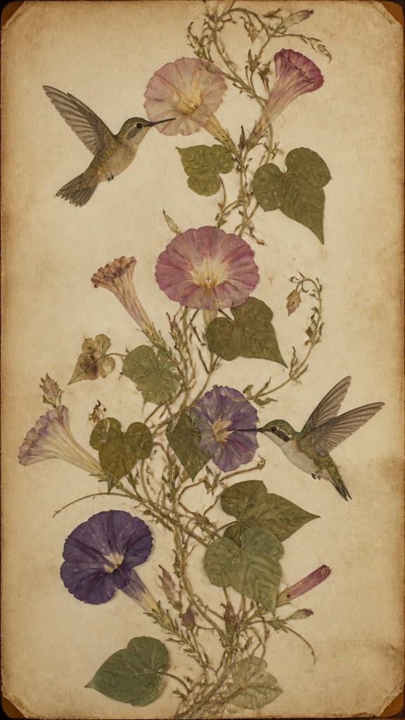 a climbing vine of flowers and hummingbirds on a dark background, tall wrapping composition, no text