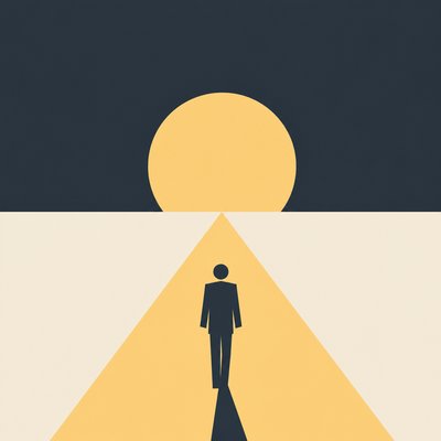 a solitary figure walking toward a glowing horizon across an empty plain, moody atmosphere, no text or lettering