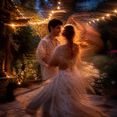 an original couple dancing under string lights in a garden at dusk: a man with short black hair in a linen shirt and a woman with braided red hair in a summer dress