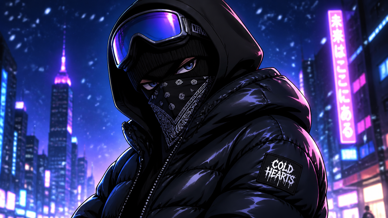 I want my character to have a hood on ski mask with snow goggles on the hood should be black bubble coat with a ski mask and bandana covering the mouth I want it to be cartoon