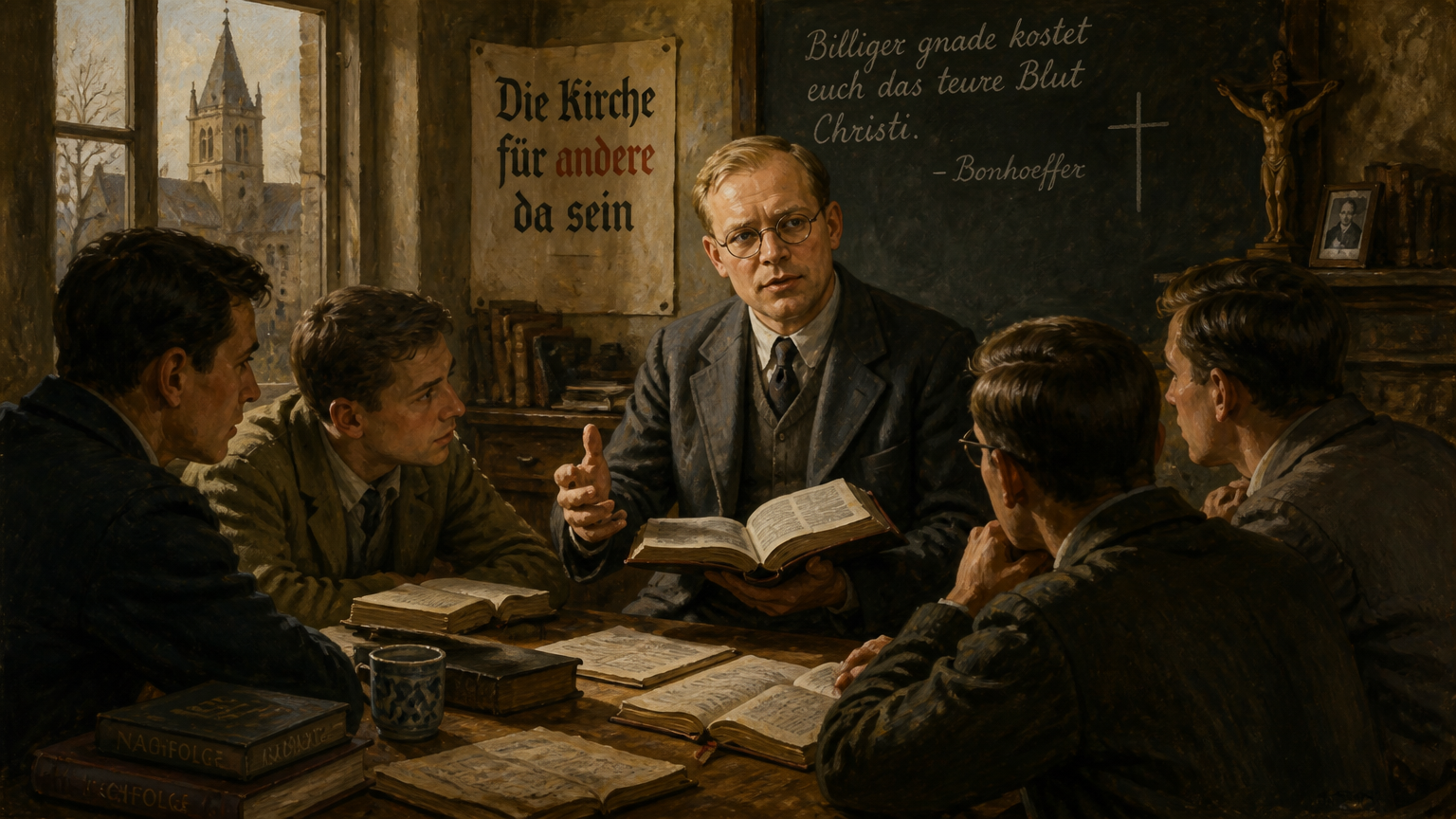 Dietrich Bonhoeffer with open bible and speaking to seminarians