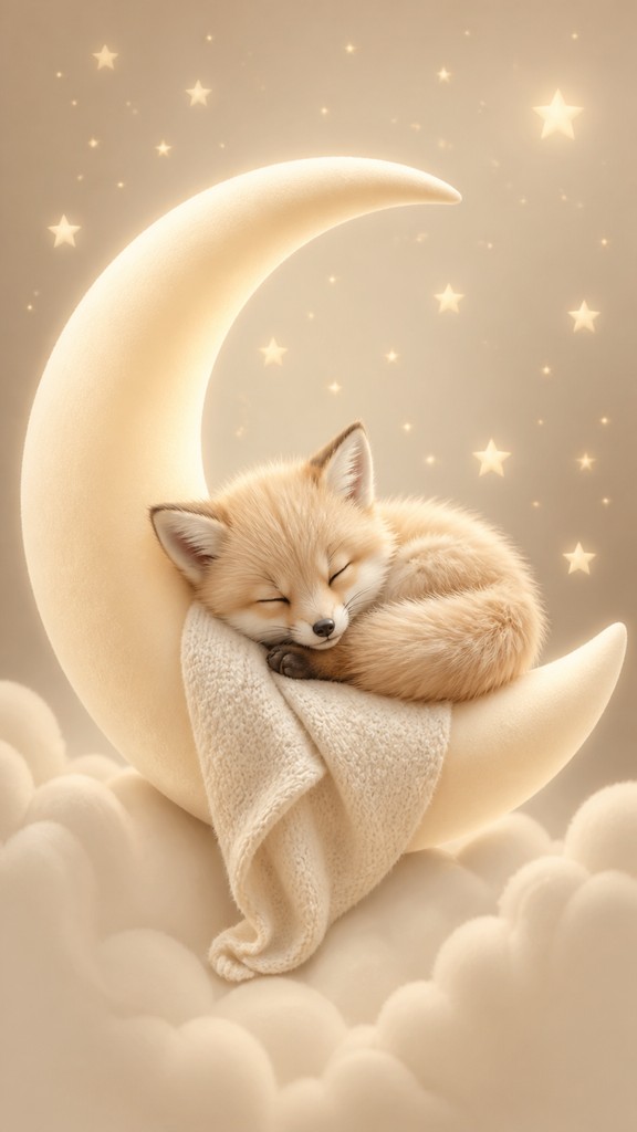a sleeping baby fox curled on a crescent moon among soft stars, gentle and warm, no text