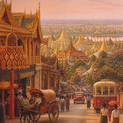urban street with city activity — Burmese Art Style