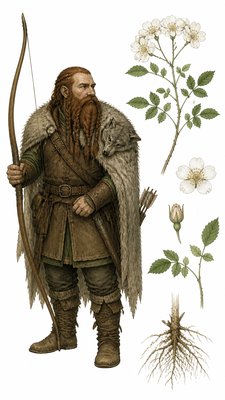 full-body original character: a dwarven ranger with a braided auburn beard, worn leather armor, a longbow and a wolf-pelt cloak, neutral background, no text