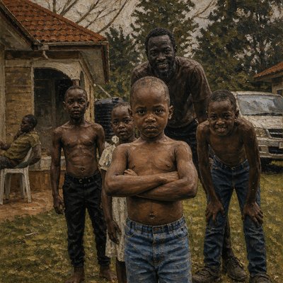 a group of children standing in front of a house