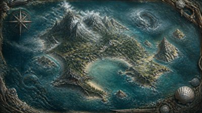 a map of an island realm with mountains, forests, a sheltered bay, sea monsters in the water and a compass rose, no text labels