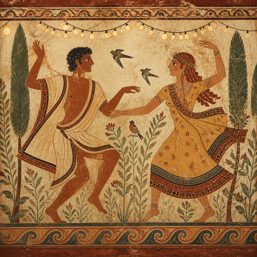 an original couple dancing under string lights in a garden at dusk: a man with short black hair in a linen shirt and a woman with braided red hair in a summer dress