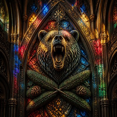 a roaring bear head above crossed pine branches, bold graphic composition on a plain background, no text