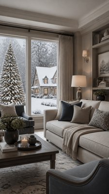 a snow-covered cottage with warm glowing windows beside a decorated pine tree, gentle snowfall, no text