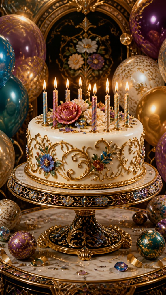 a birthday cake with lit candles surrounded by balloons and confetti, festive vertical composition, no text