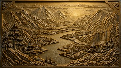 a vast valley with a river winding toward distant mountains at sunrise, no people, no text