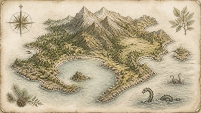 a map of an island realm with mountains, forests, a sheltered bay, sea monsters in the water and a compass rose, no text labels