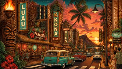 bustling city street panorama at dusk