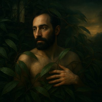 a painting of a man with his hands on his chest