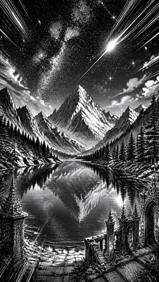 a tranquil mountain lake beneath a starry night sky, no people, no text