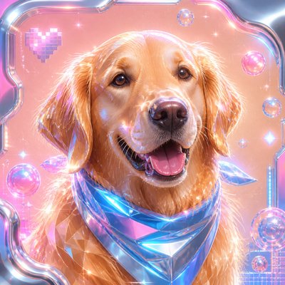 portrait of a golden retriever wearing a blue bandana, warm plain backdrop, no text
