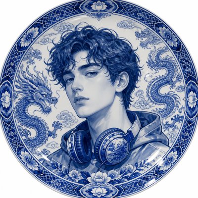 head-and-shoulders portrait of an original character: a young man with curly dark hair and headphones around his neck, plain backdrop, no text