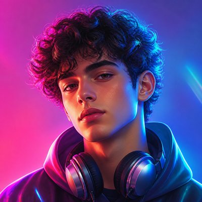 head-and-shoulders portrait of an original character: a young man with curly dark hair and headphones around his neck, plain backdrop, no text