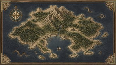 a map of an island realm with mountains, forests, a sheltered bay, sea monsters in the water and a compass rose, no text labels
