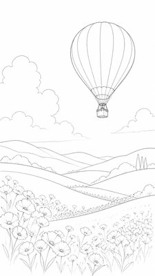a hot air balloon drifting over rolling flower fields on a sunny day, cheerful, no text