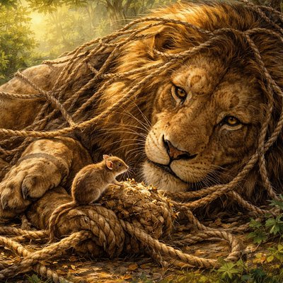 Classical Wildlife Illustration Style, Rich Textures, Warm Golden Hour Lighting. An intimate, detailed look at a dramatic rescue on a sun-dappled forest floor.

The Trapped Giant (The Lion): A massive, powerful male lion with a thick mane is hopelessly tangled in a complex hunter’s net made of thick, coarse hemp ropes. He is lying on his side, exhausted and defeated, his immense paws bound. His expression is one of surprising gentleness and relief as he looks down.

The Tiny Hero (The Mouse): The focal point is a tiny field mouse, rendered with exquisite detail, perched precariously on a thick knot of rope right next to the lion's massive face. The mouse is busily gnawing through a crucial strand of the thick netting with its sharp teeth. Shavings of hemp rope are visible.

The Atmosphere: Warm, late afternoon sunlight filters through the tree canopy, creating patches of bright light that highlight the dusty texture of the ropes, the individual hairs on the mouse, and the deep golden fur of the lion. The immense scale difference between the lion’s head and the mouse’s entire body is central to the composition.