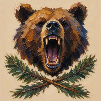 a roaring bear head above crossed pine branches, bold graphic composition on a plain background, no text