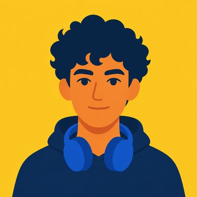head-and-shoulders portrait of an original character: a young man with curly dark hair and headphones around his neck, plain backdrop, no text