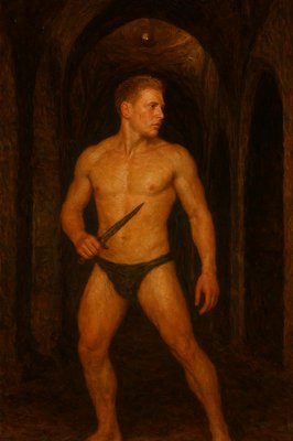 a painting of a man with a knife in his hand