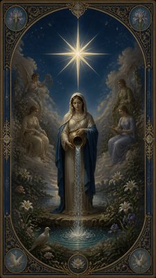 a robed figure pouring water beneath a large eight-pointed star in a night sky, symmetrical composition with an ornate decorative border, no text