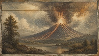 an erupting volcano with lightning strikes, dramatic wide composition, no text