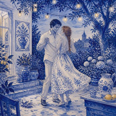 an original couple dancing under string lights in a garden at dusk: a man with short black hair in a linen shirt and a woman with braided red hair in a summer dress