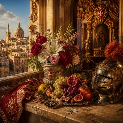 still life arrangement of fruits and flowers