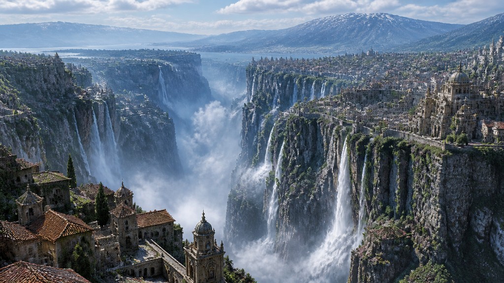 a cliffside city with waterfalls cascading into a misty canyon, wide establishing shot, no people, no text