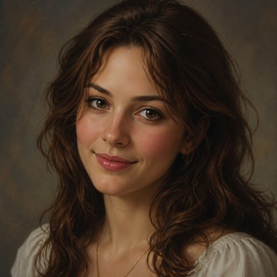 head-and-shoulders portrait of an original character: a young woman with wavy chestnut hair and a warm smile, plain soft backdrop