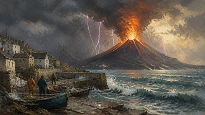 an erupting volcano with lightning strikes, dramatic wide composition, no text