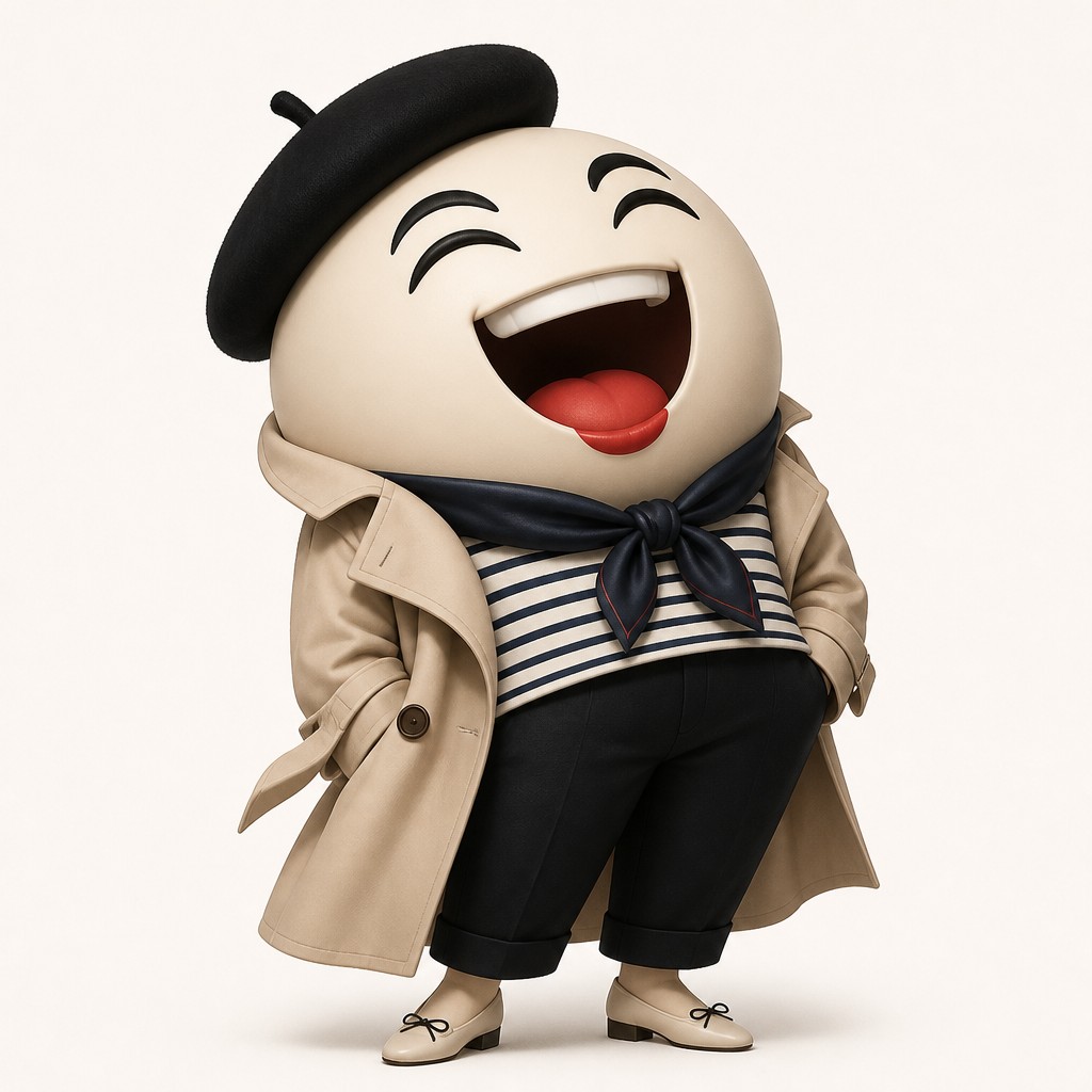 an exaggerated laughing face of an original round mascot character, bold and readable at small size, plain background, no text