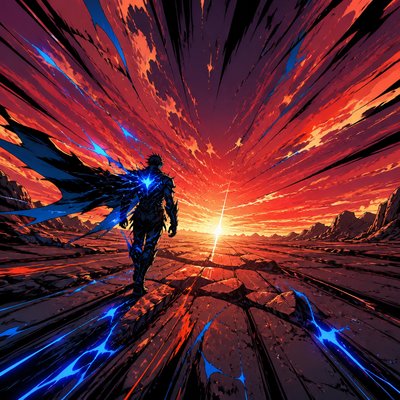 a solitary figure walking toward a glowing horizon across an empty plain, moody atmosphere, no text or lettering