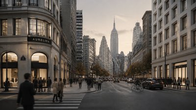 bustling city street panorama at dusk