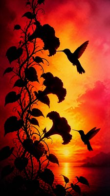 a climbing vine of flowers and hummingbirds on a dark background, tall wrapping composition, no text