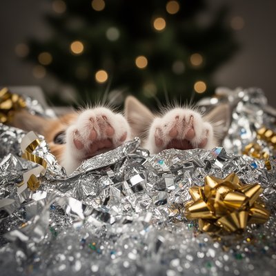 Macro Photography Style, Bokeh Background. A close-up, low-angle shot of two kittens' paws and faces peeking through a mountain of crinkled metallic silver wrapping paper. Include high-detail shredded ribbons, curly gold bows, and scattered glitter. In the background, the blurred, twinkling lights of a Christmas tree create a soft glow. The focus must be razor-sharp on the tiny whiskers and the reflective sheen of the torn paper.